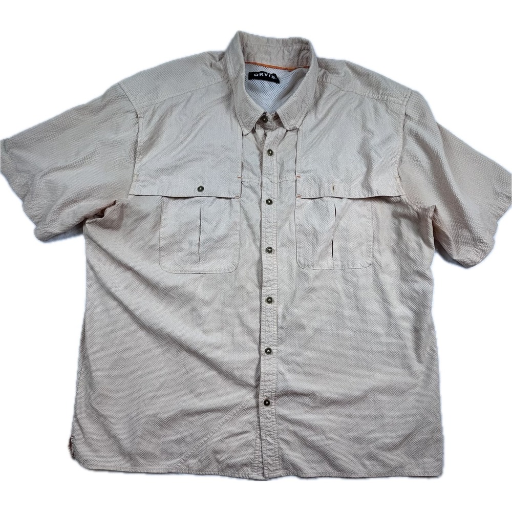 Orvis Mens XXL Tan Gingham Short Sleeve Vented Fishing Shirt Button Down